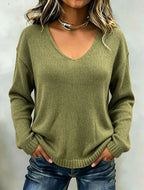 Women's Relaxed V-Neck Drop-Shoulder Pullover Sweater