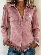 Spot Amazon Foreign Trade Cross-Border 2025 Western Cowboy Style Suede Tassel Slim Long-Sleeved Shirt