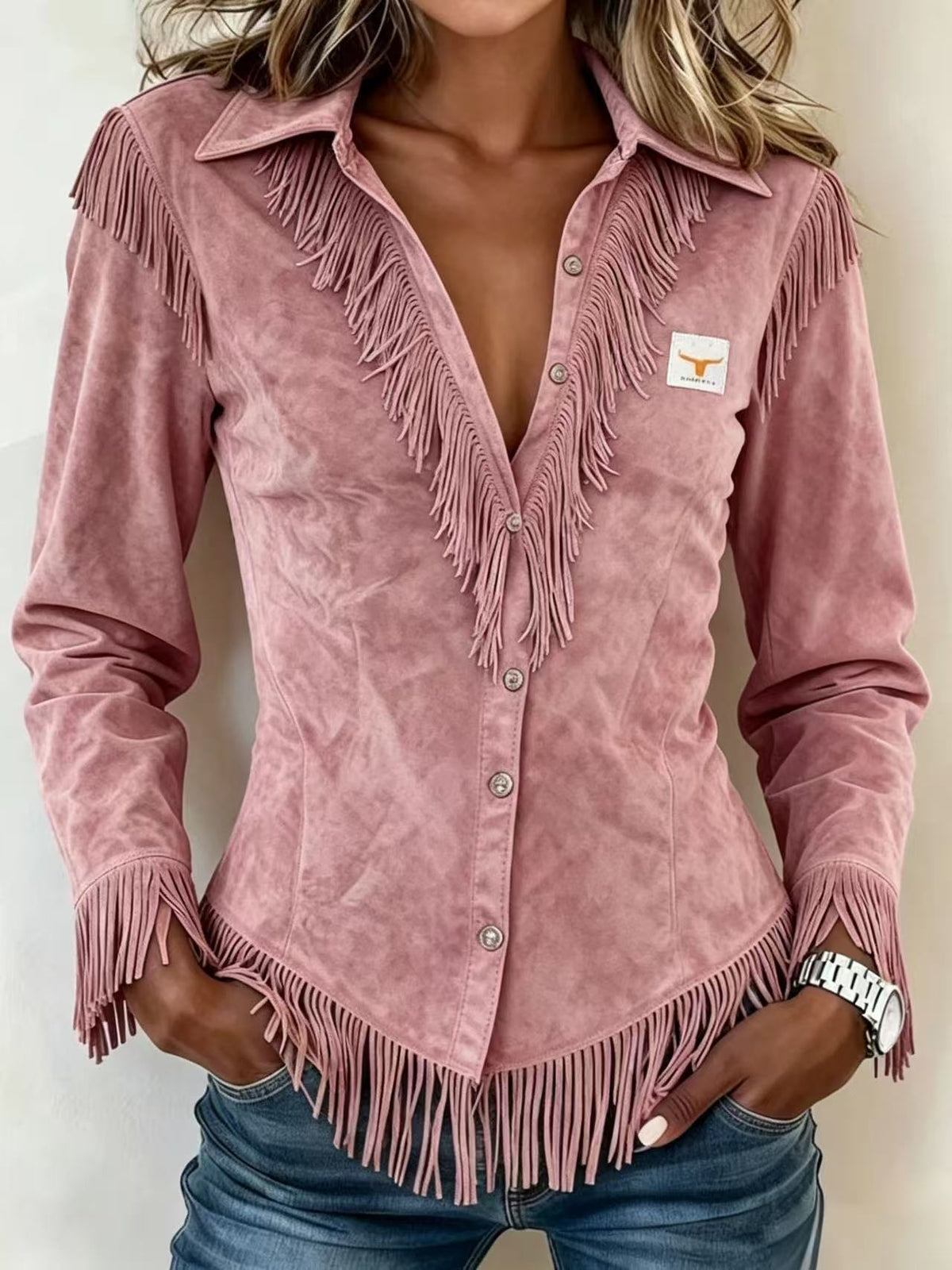 Spot Amazon Foreign Trade Cross-Border 2025 Western Cowboy Style Suede Tassel Slim Long-Sleeved Shirt