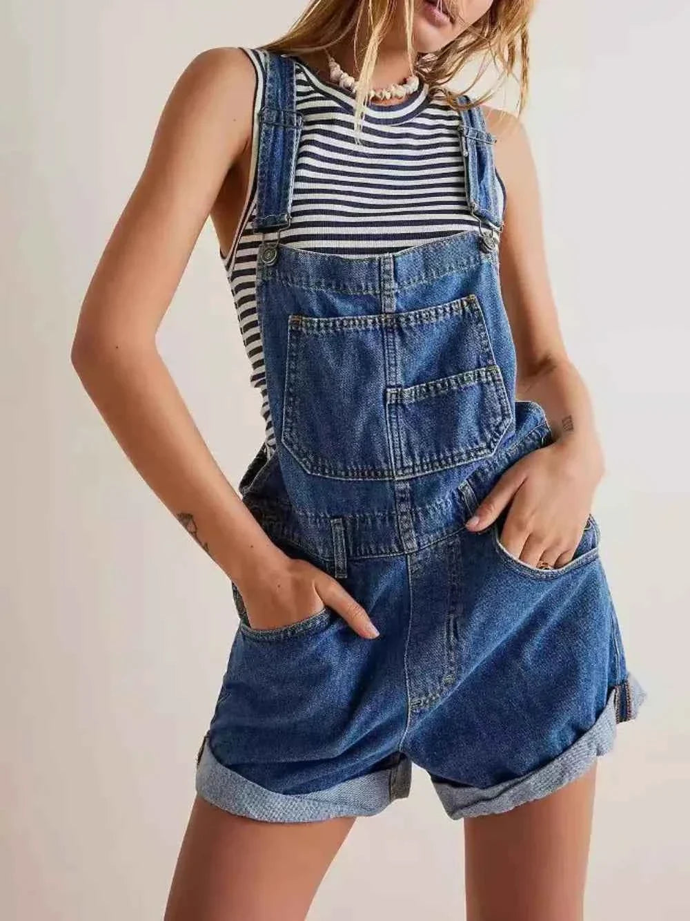 Medium Blue Striped Summer Wide Strap Denim Overalls