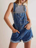Medium Blue Striped Summer Wide Strap Denim Overalls