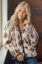 Beige Geometric Print Long Sleeve Shirt Collar Zip-up Placket Binding Tape Jacket