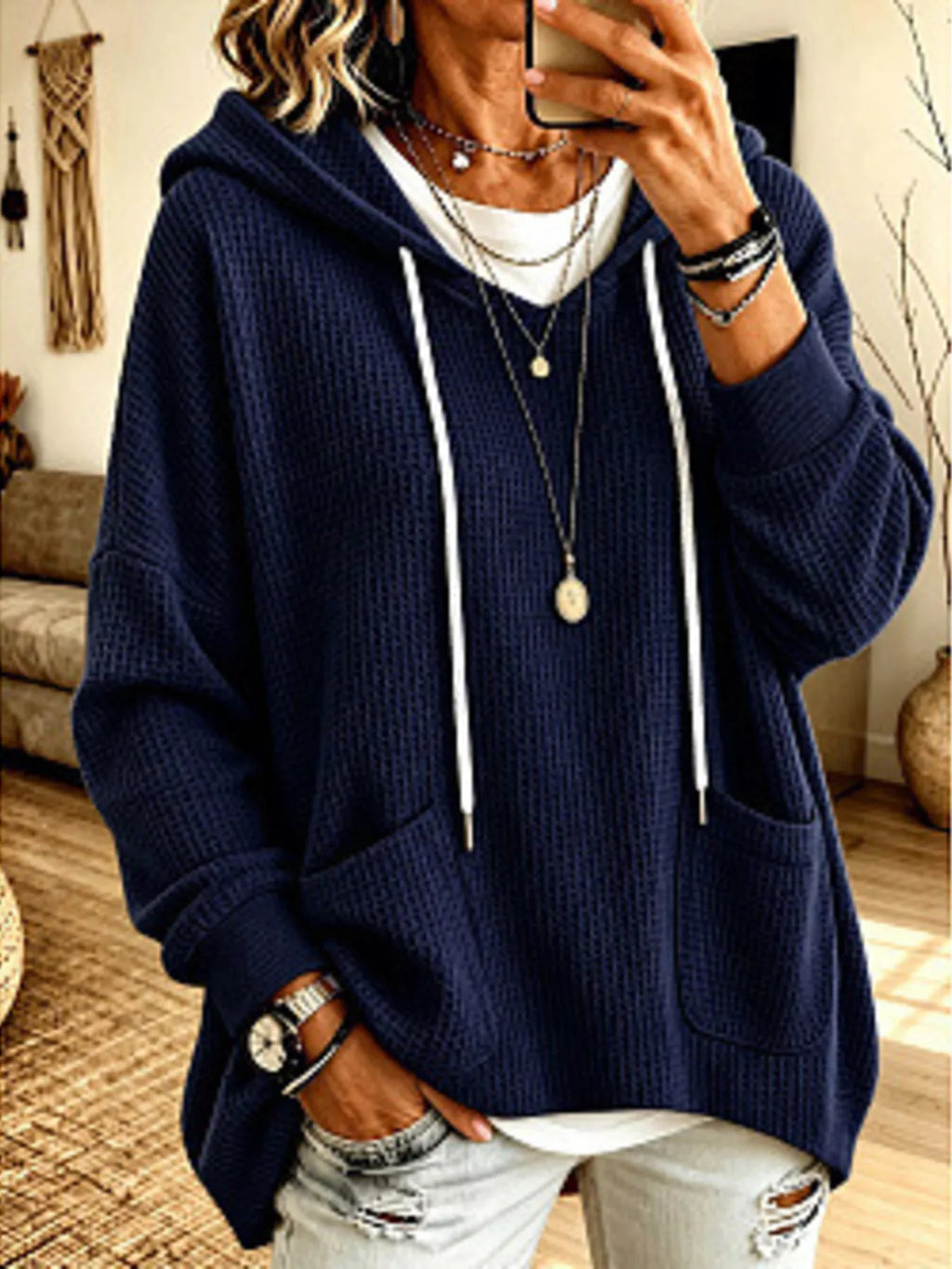 Full Size Waffle Knit Drawstring Long Sleeve Hoodie Plus Size
