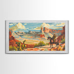 Cowboy Riding through Canyon, Framed Canvas Print for Rustic Living Room Decor, Western Art for Home and Bedroom Decoration