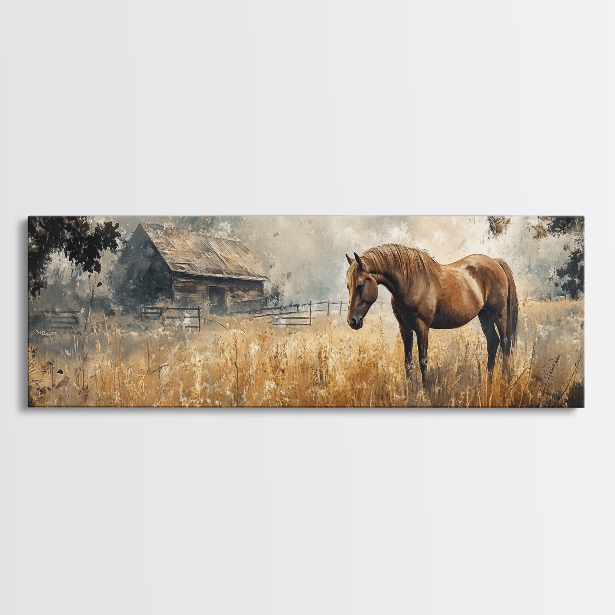 Framed Canvas Print Rustic Horse Art Vintage Farmhouse Decor Barn Landscape Oil Painting Above Couch Wall Art