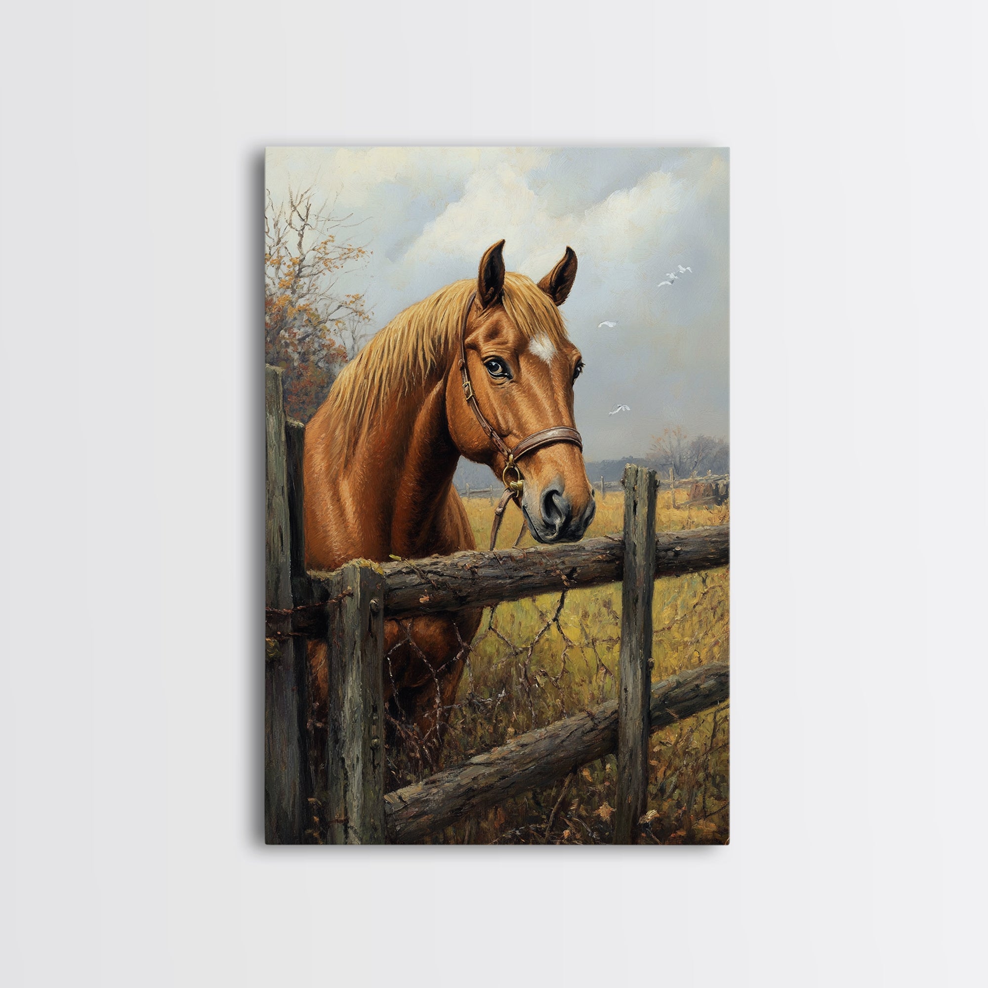 Farmhouse Horse Framed Canvas Print, Rustic Landscape Painting, Fall Bedroom Art, Gift Idea for Her, Cottagecore Wall Art