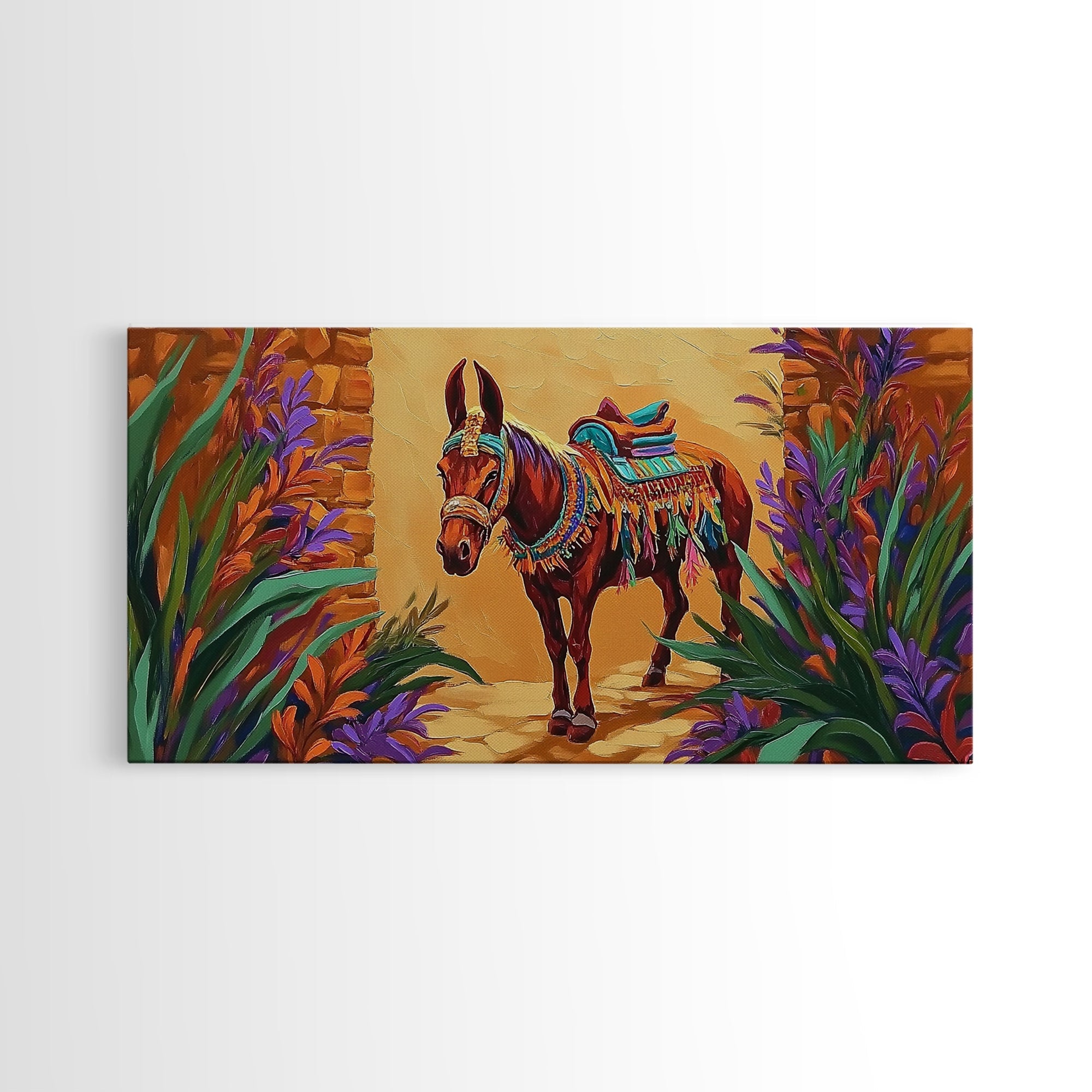 Fiesta Mule, Desert Horse, Rustic Charm, Framed Canvas Print, Western Wall Art, Entryway Decor, Colorful Southwest Painting