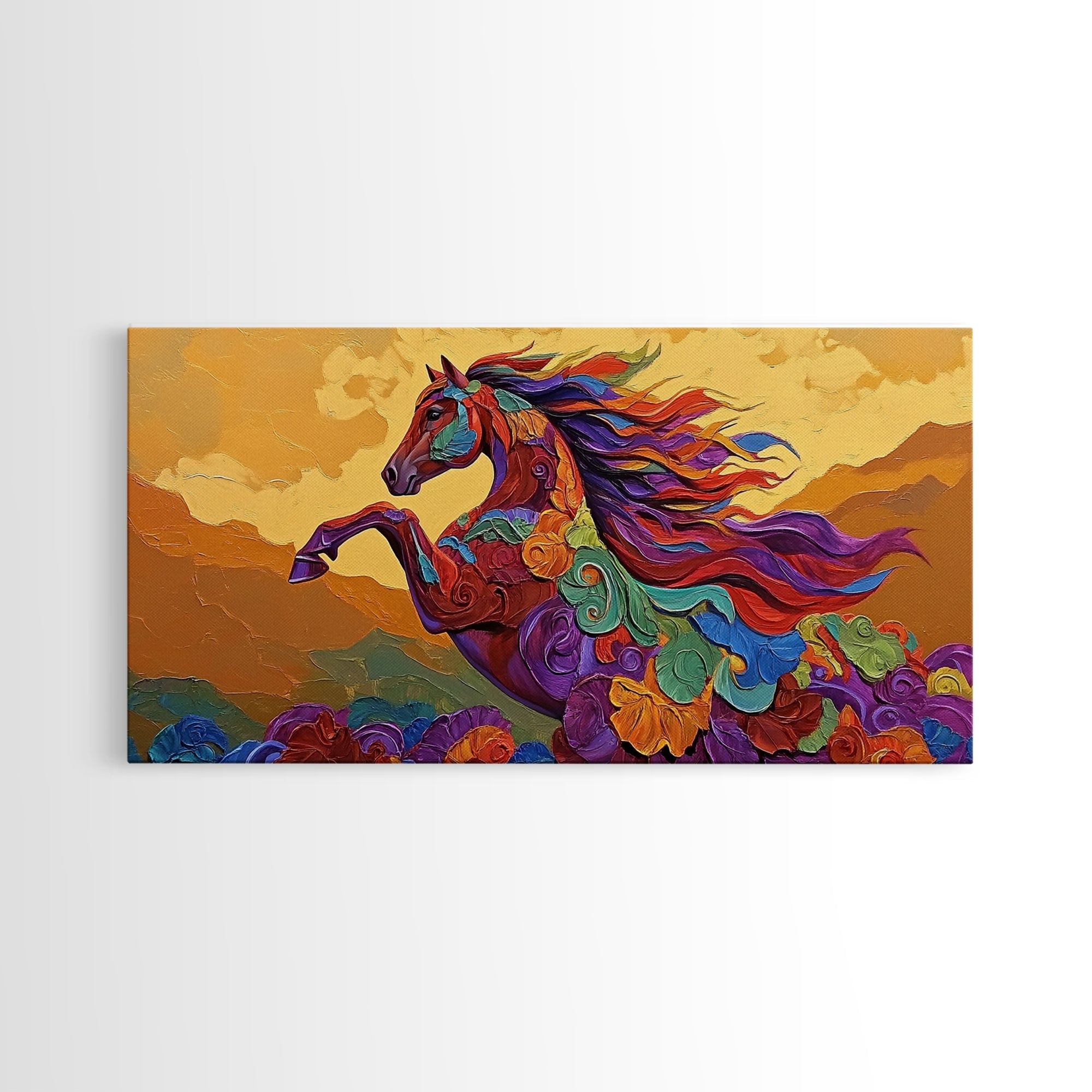 Horse Spirit, Sunset, Boho, Framed Canvas Print colorful western wall art, wild horse living room decor, boho equestrian nature artwork