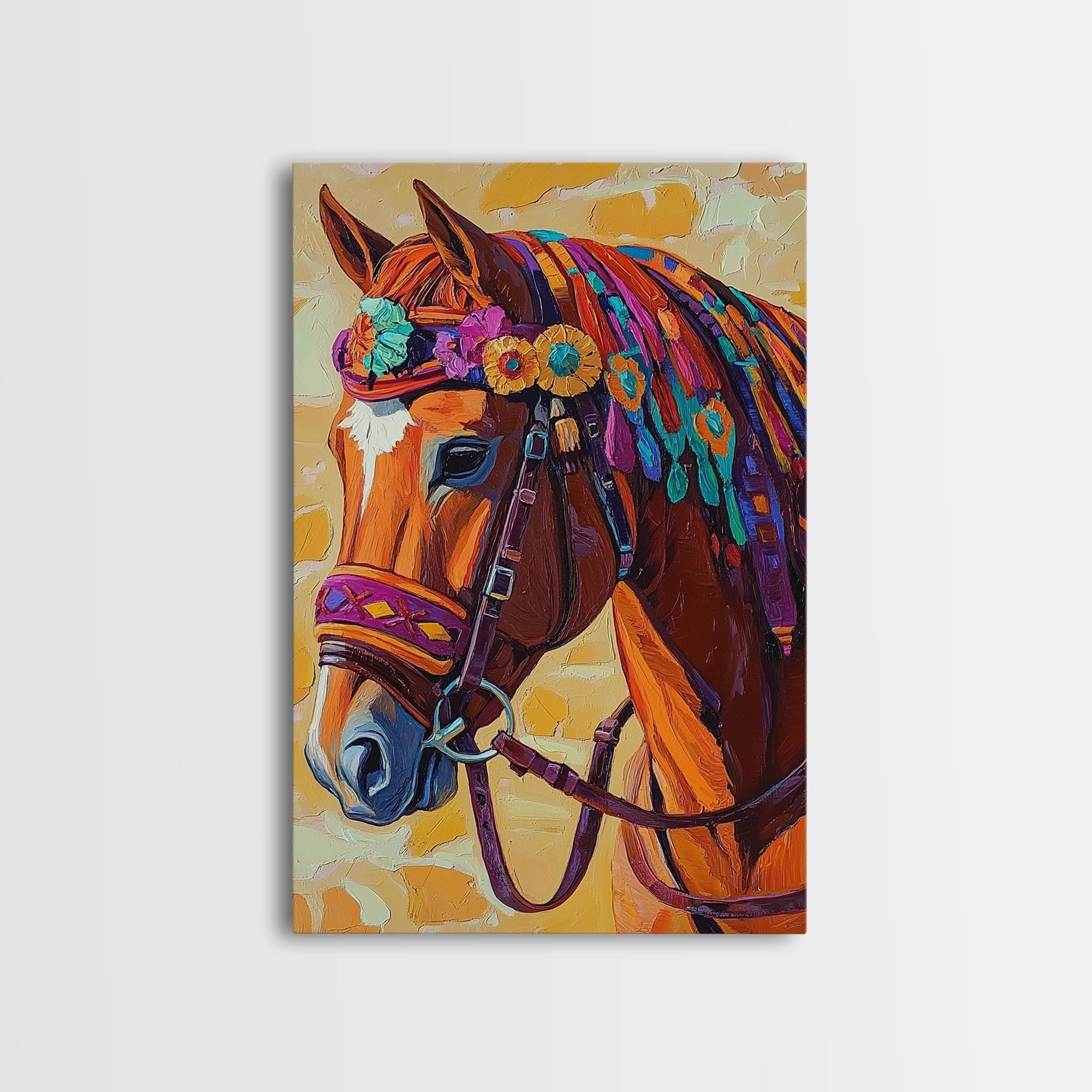 Horse Floral, Boho, Western, Framed Canvas Print colorful western horse painting, vibrant floral cowgirl decor, rustic farmhouse wall art