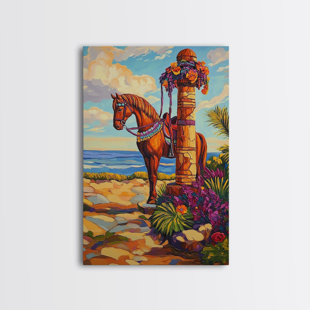 Horse Coast, Sky, Western, Framed Canvas Print scenic cowboy horse art, rustic western ocean view decor, farmhouse wall accent