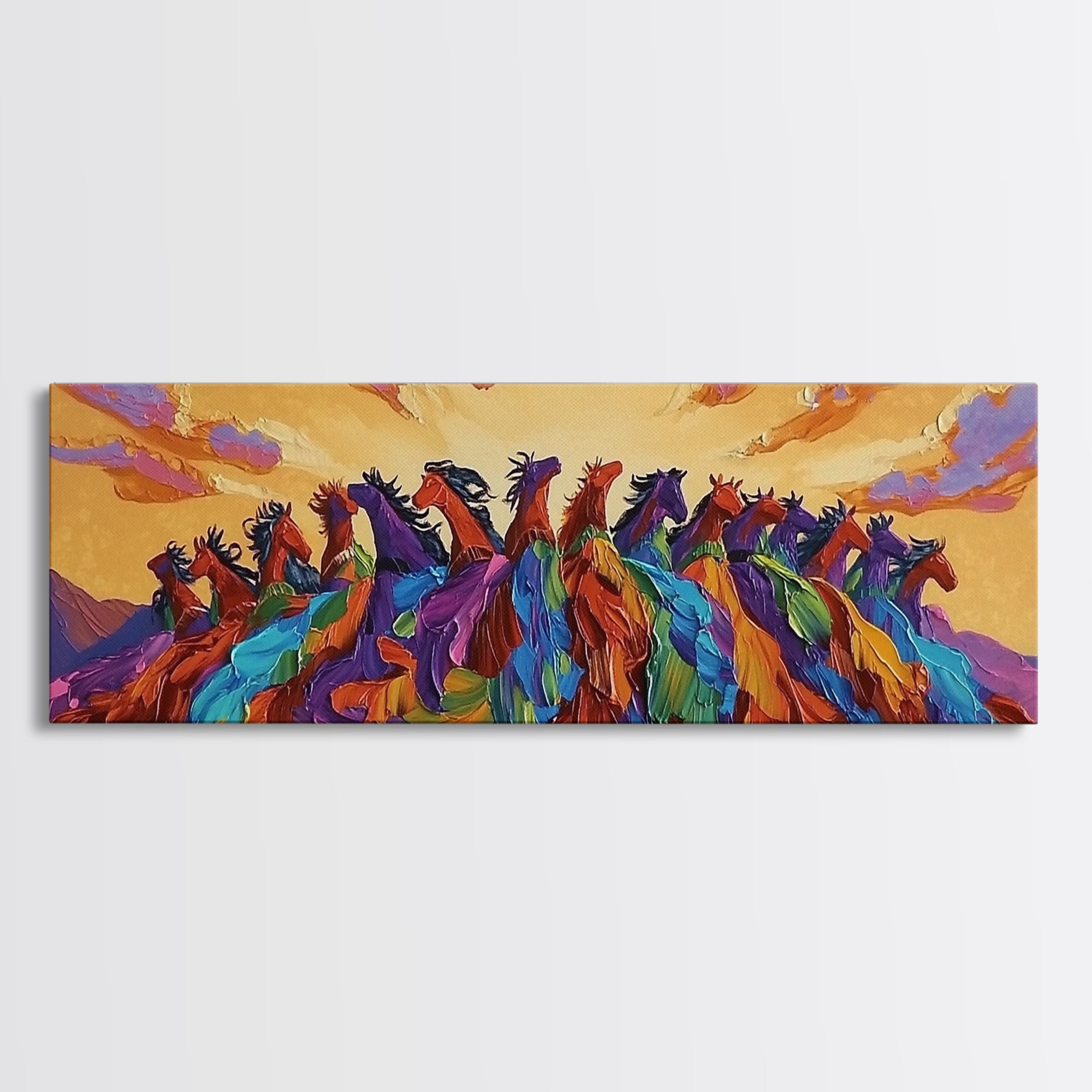 Running Wild Horses, Abstract Herd Scene, Sunset Equine Painting, Framed Canvas Print, Western Bedroom Wall Art, Living Room Decor