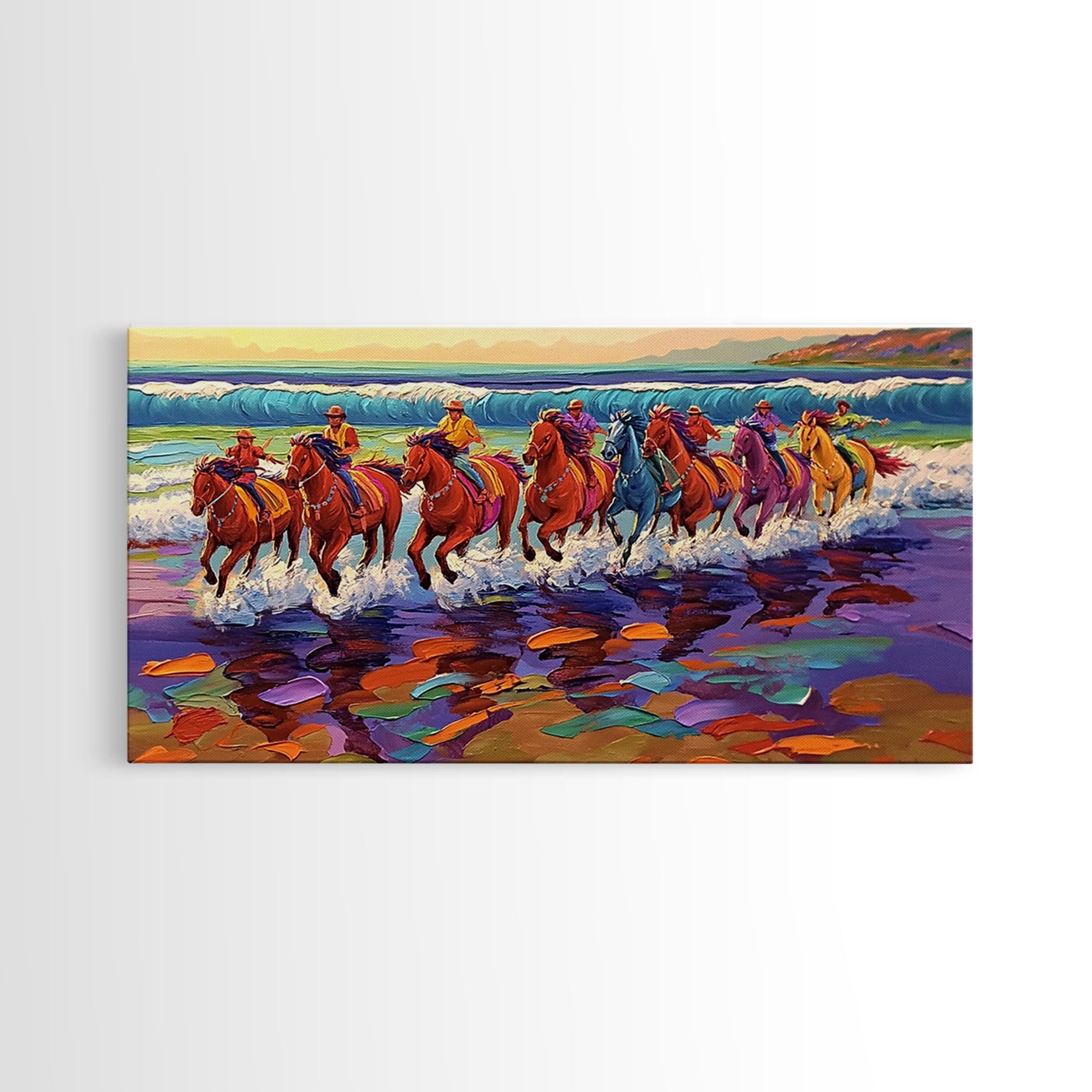 Galloping Horses, horse painting, vintage horse art, framed canvas print, coastal cowgirl wall art, whimsical art, rustic wall art
