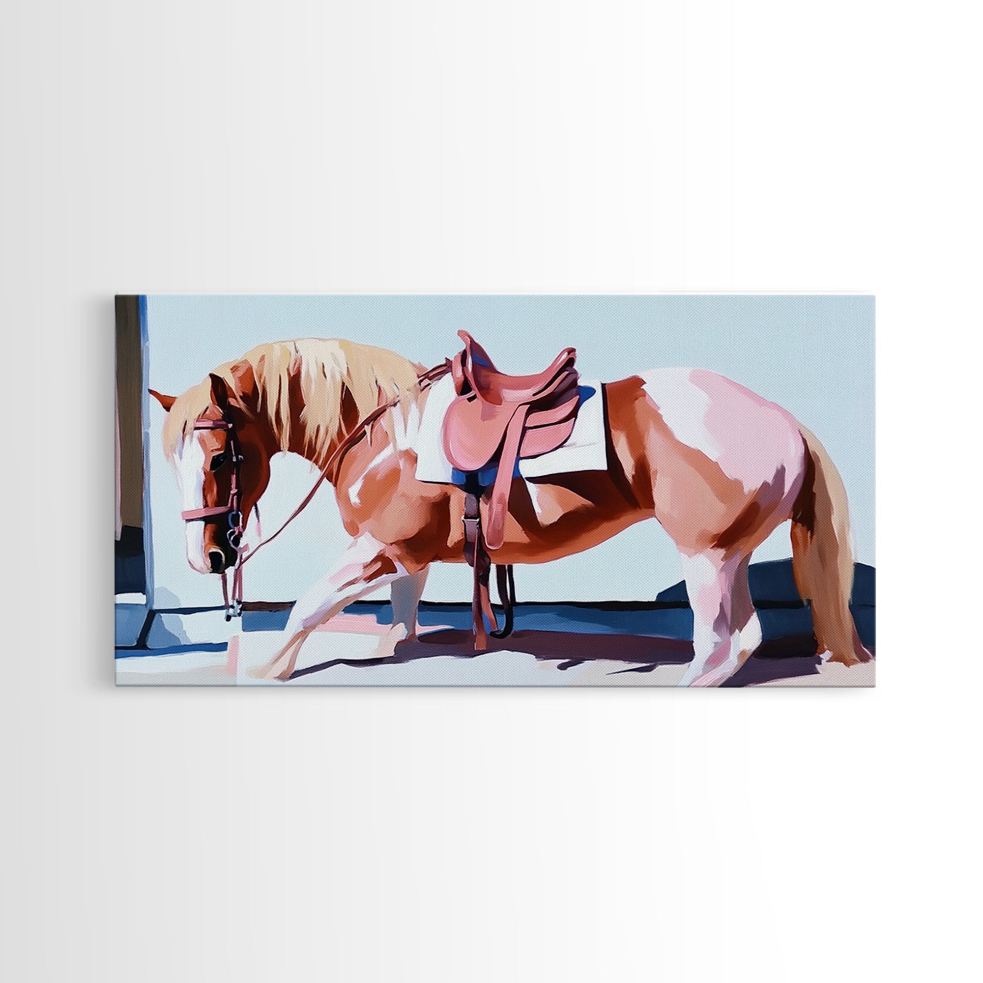 Saddled Horse Art, Vintage Horse Painting, Equestrian Wall Art, Rustic Western Decor, Framed Canvas Print, Gift Idea, Country Home Decor