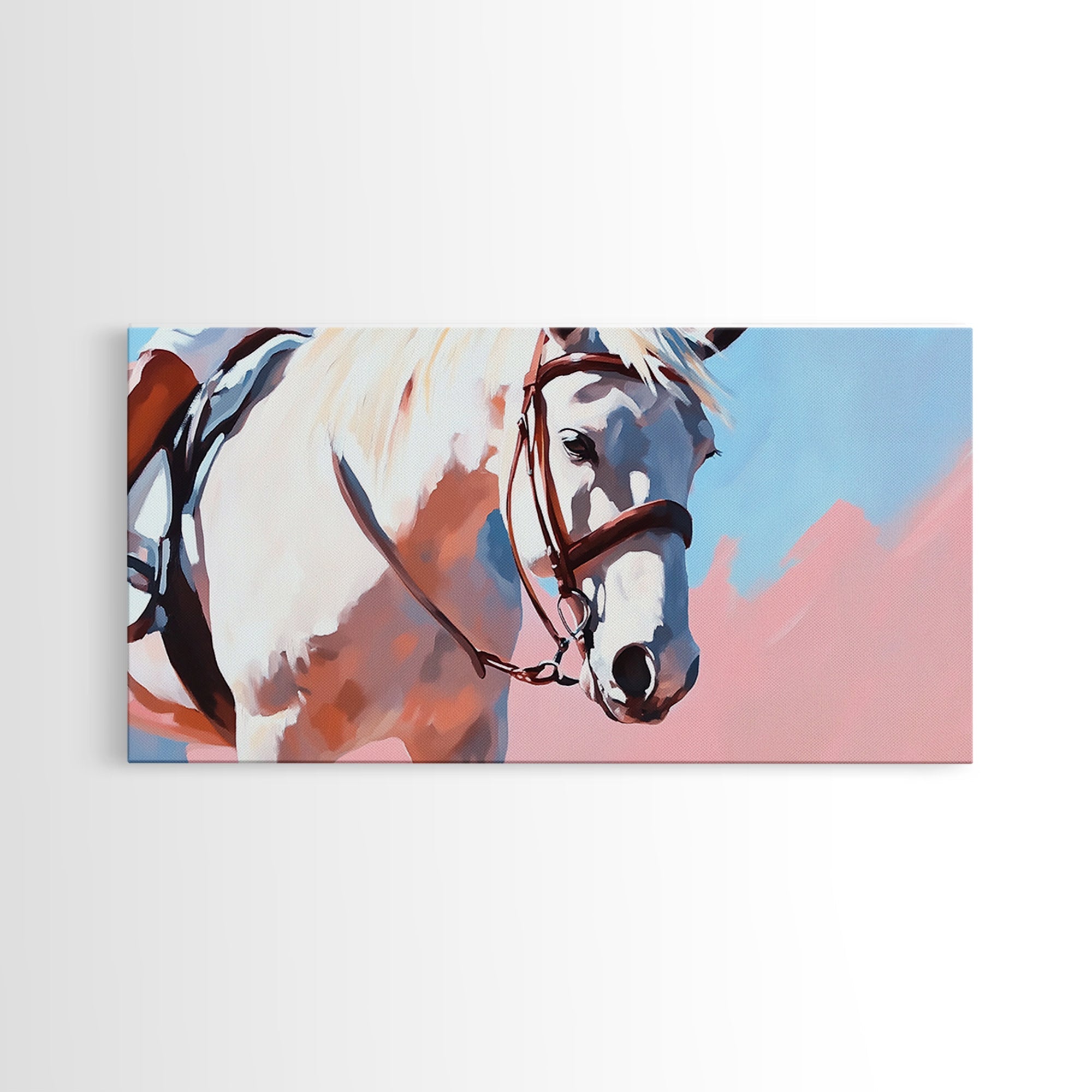 White Horse Art, Vintage Horse Painting, Pink and Blue Wall Art, Rustic Decor, Framed Canvas Print, Equestrian Gift, Farmhouse Art