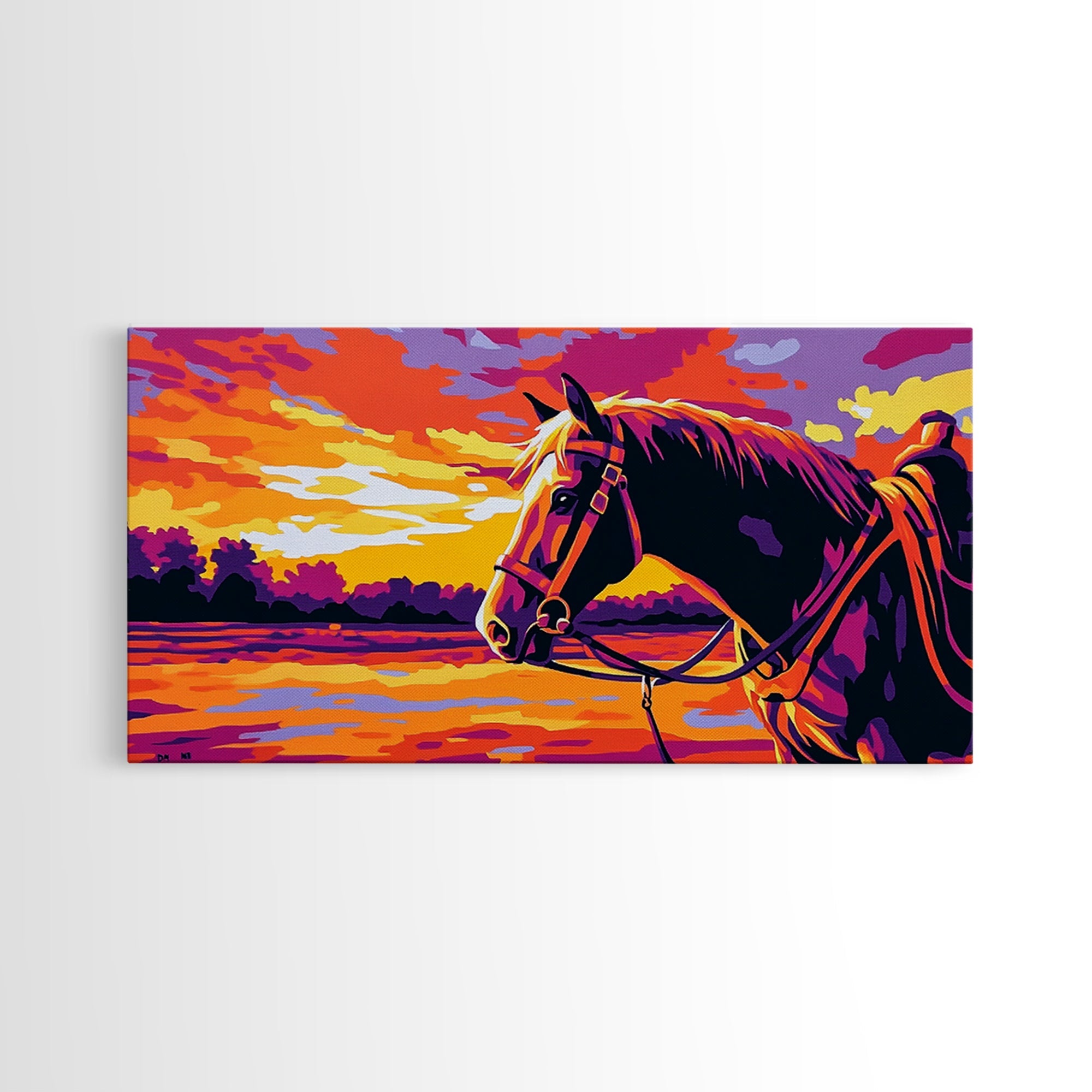 Horse Landscape, vintage horse art, sunset painting, rustic decor, western theme, panoramic painting, canvas print