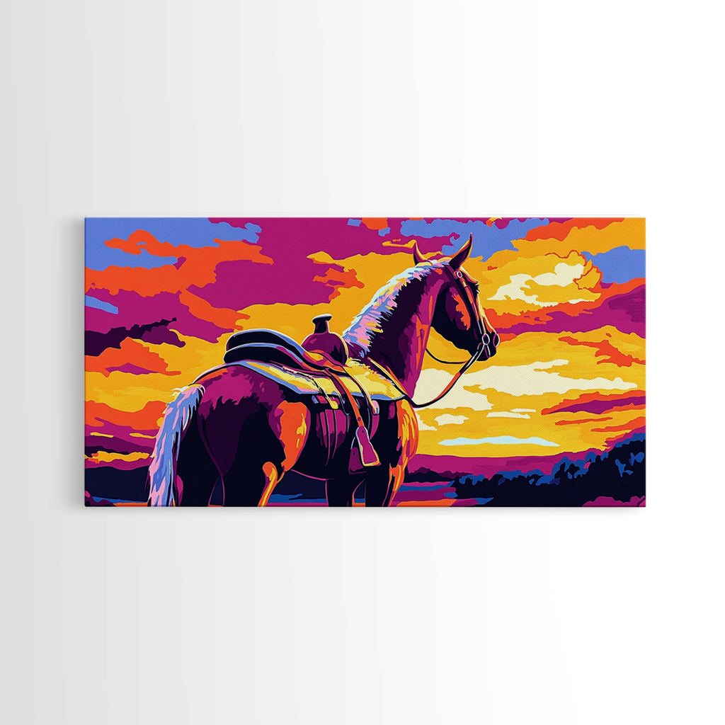 Saddled horse, sunset view, western ranch, cowboy aesthetic, rustic decor, farmhouse painting, moody art, canvas print