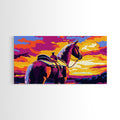 Saddled horse, sunset view, western ranch, cowboy aesthetic, rustic decor, farmhouse painting, moody art, canvas print