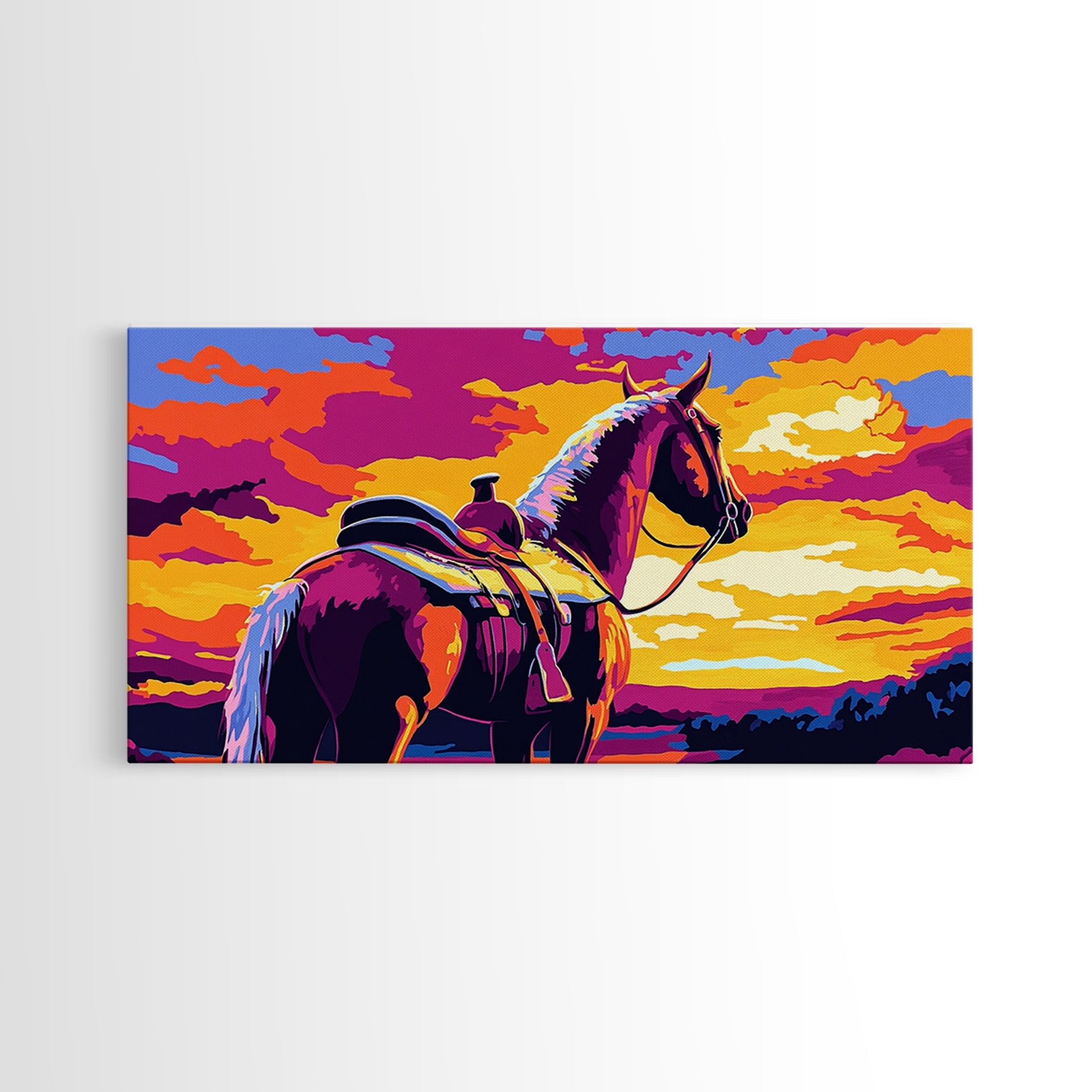 Saddled horse, sunset view, western ranch, cowboy aesthetic, rustic decor, farmhouse painting, moody art, canvas print
