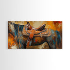 Western Saddle Art, Canvas Print, Rustic Decor, Moody Art, Southwest Wall Art, Extra Wide Art, Above Bed Wall Art, Farmhouse Wall Art