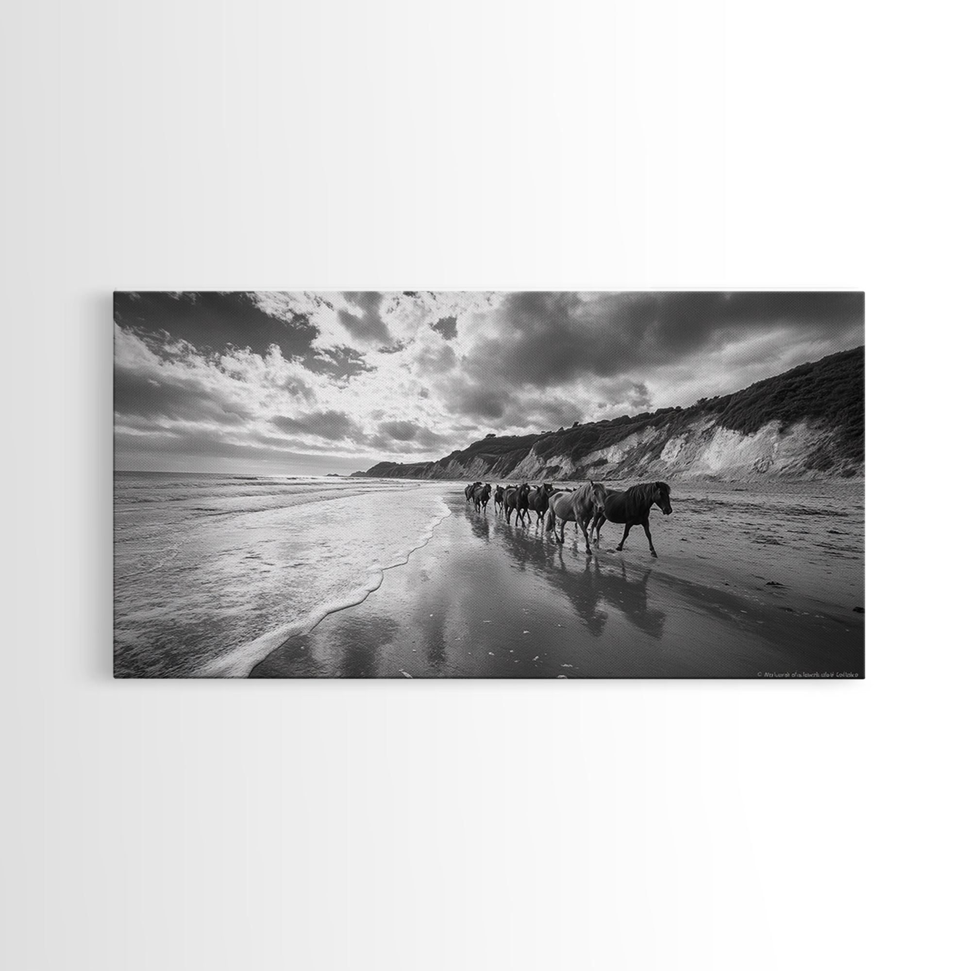 Wild Horses, vintage horse art, rustic decor, equestrian painting, black and white photography, ocean painting, coastal wall art, Framed Canvas Print
