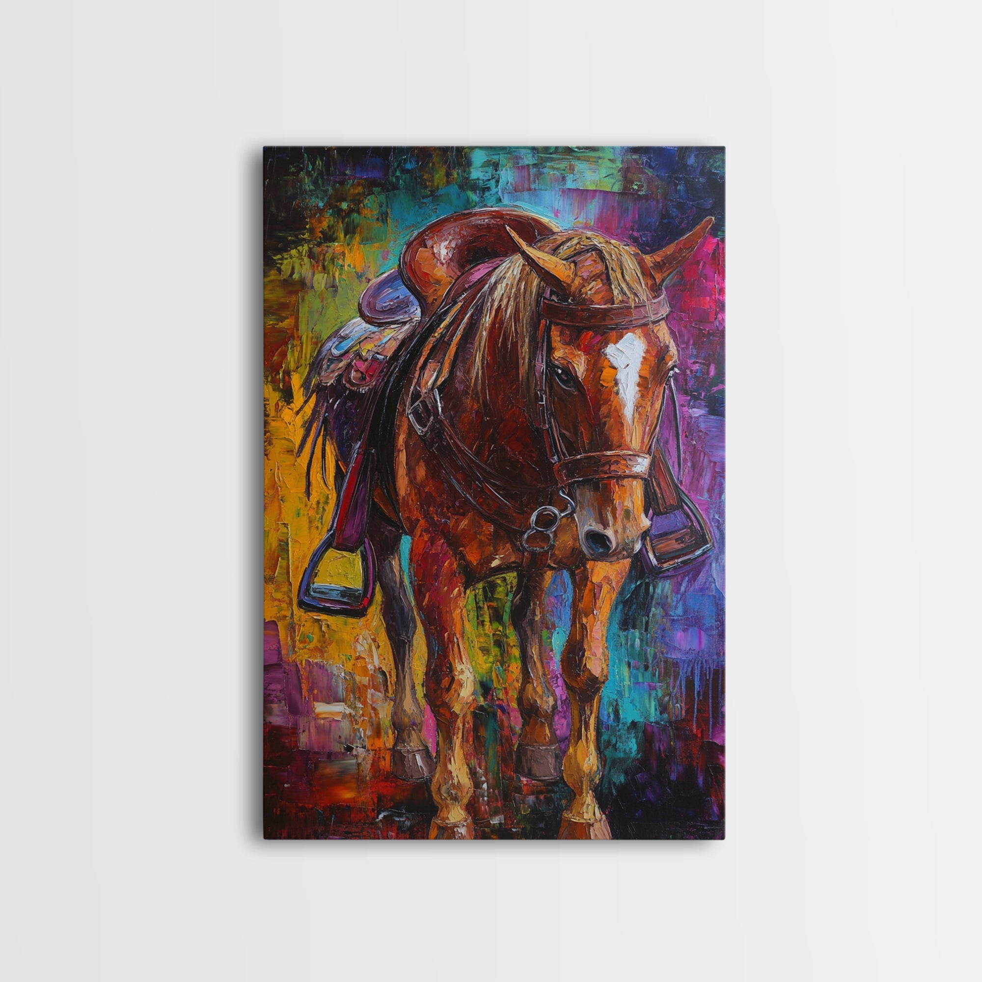 Bold Horse, vibrant painting, horse wall art, colorful western decor, rustic art, above couch art, boho art, Framed Canvas Print