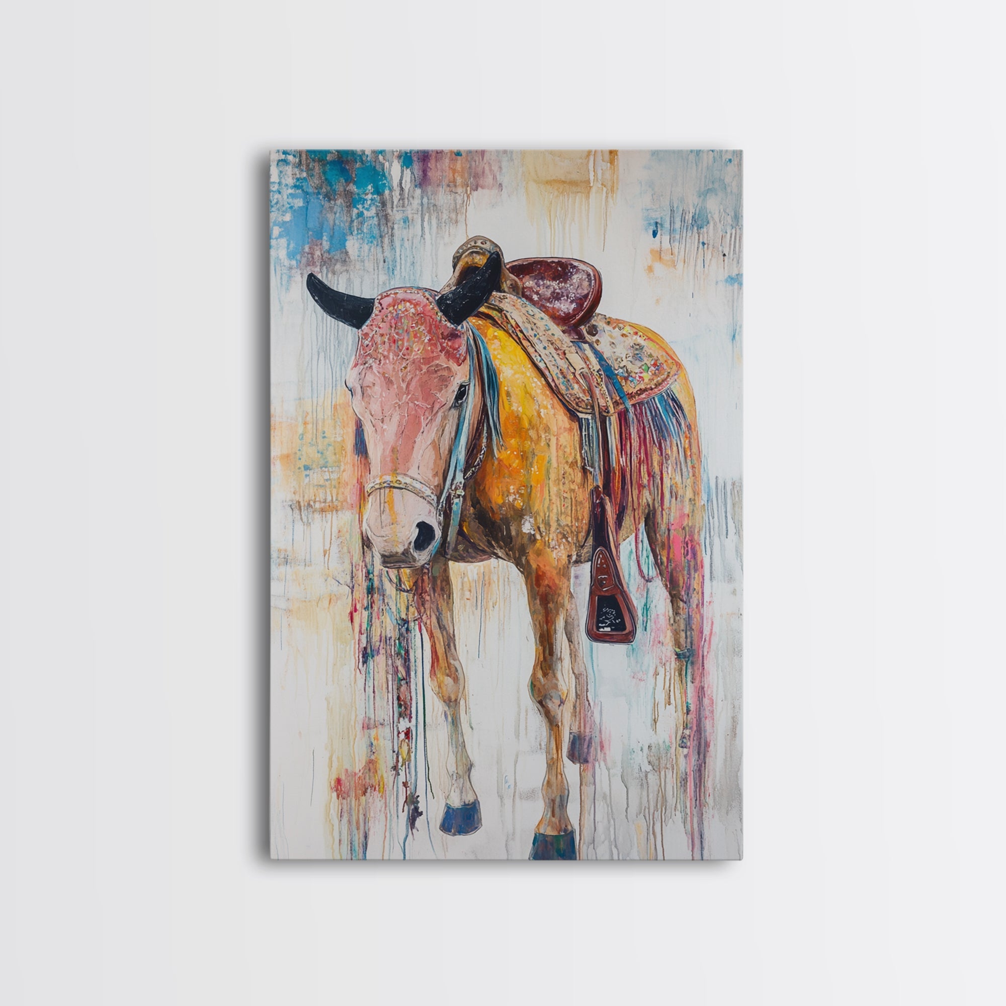 Painted saddle horse, vintage horse art, cowboy decor, rustic wall art, framed canvas print, boho art, above bed wall art, western art