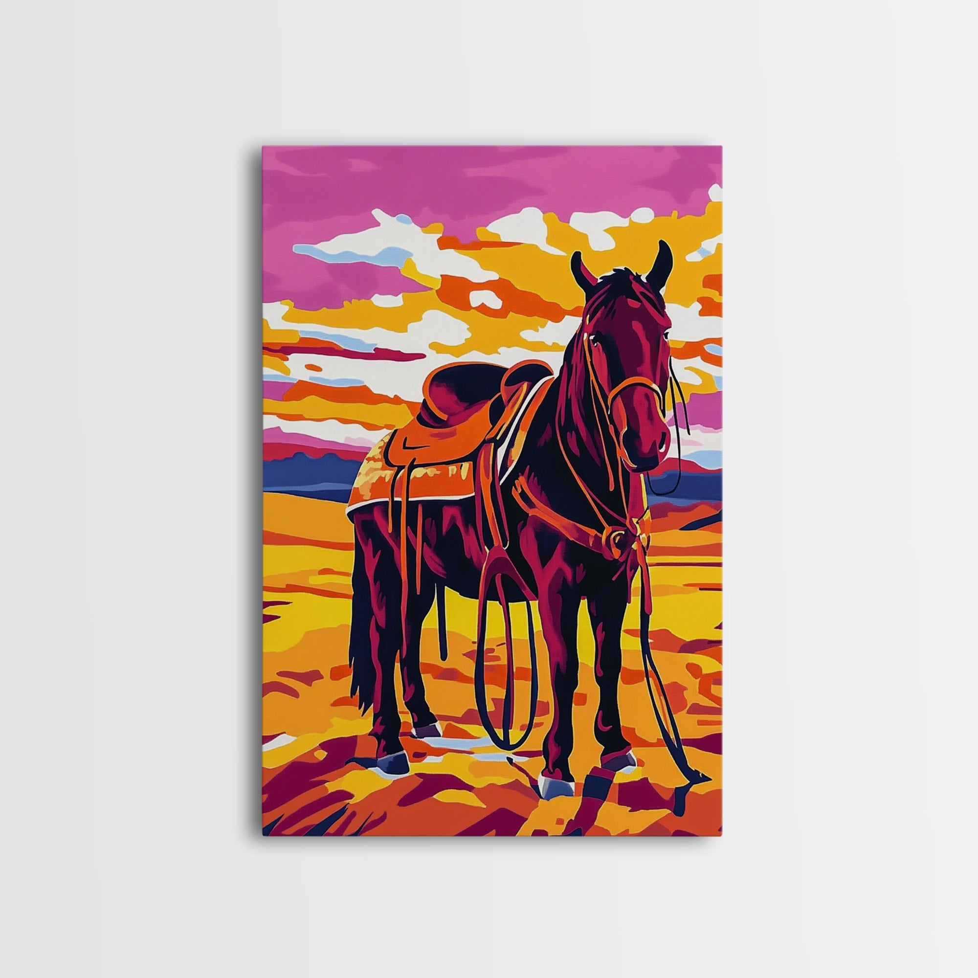 Western horse painting, pink orange wall art, vintage horse art, rustic decor, framed canvas print, southwest wall art, cowboy decor