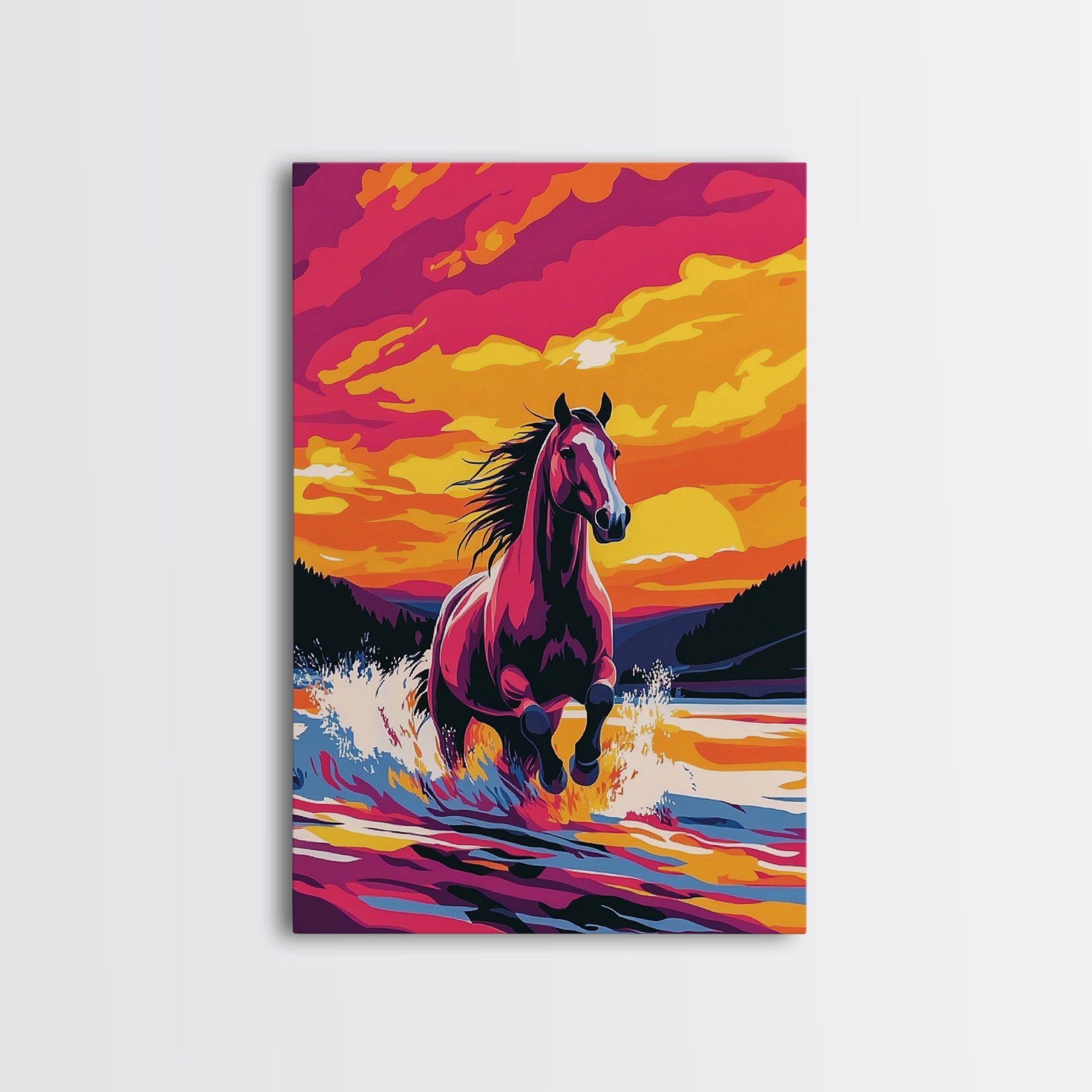 Horse Running, pink orange wall art, vintage horse art, sunset painting, horse wall art, rustic decor, gift idea for her, Canvas Print