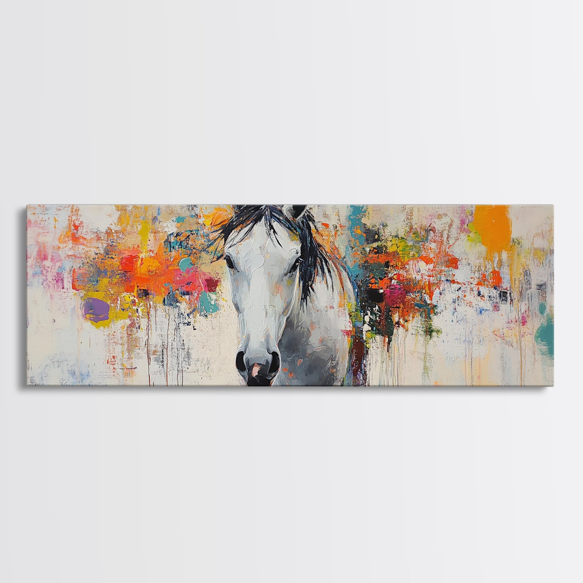 White horse, abstract, moody art, rustic decor, impressionist horse, framed canvas print, extra wide art, modern farmhouse art
