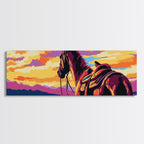 Sunset Horse Painting, southwest wall art, mountain painting, rustic western decor, cowboy wall art, framed canvas print, extra wide art