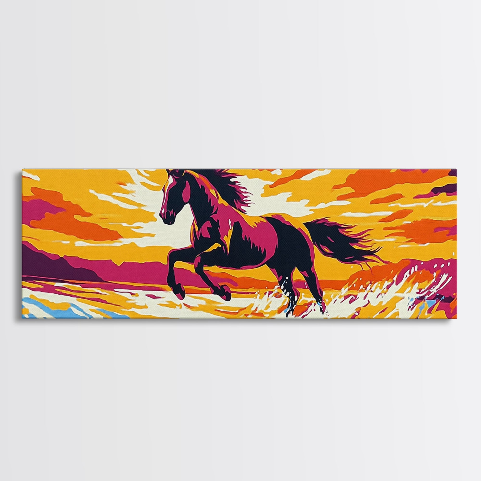 Sunset Horse Painting, Canvas Print, Vintage Horse Art, Pink Orange Wall Art, Southwest Wall Art, Rustic Decor, Panoramic Art, Farmhouse Art, Living Room Art