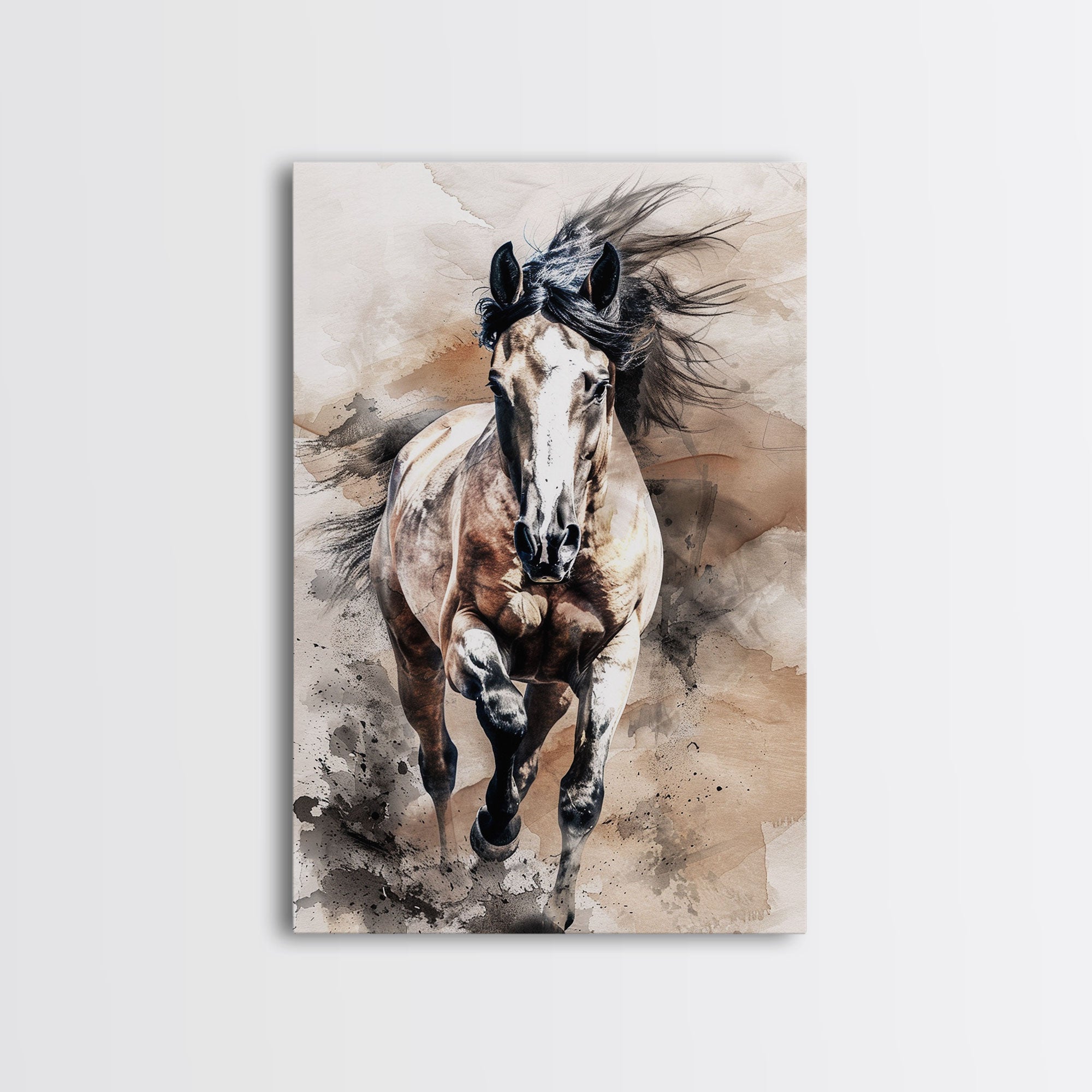 Charging Horse with Dust - Framed Canvas Print, Intense Living Room Art, Bold Bedroom Decor, Equestrian Art, Wall Art