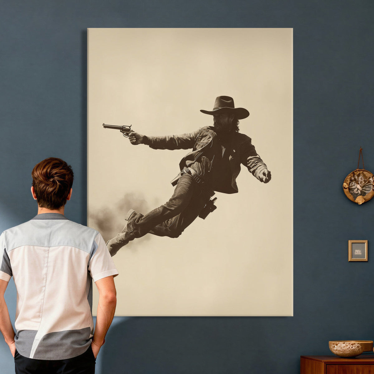Cowboy Canvas Wall Art, Western Gunslinger Sepia Photo Print, Vintage