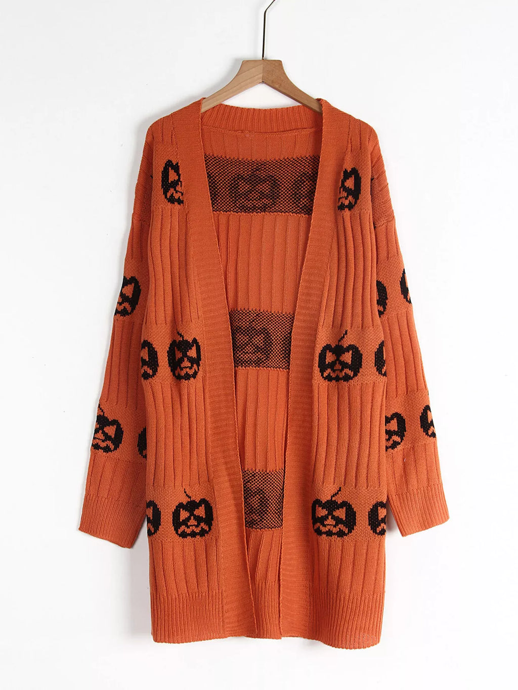 Halloween Pumpkin Open Front Knit Cardigan