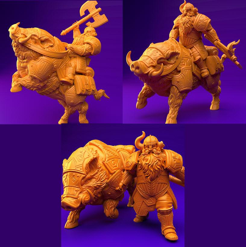 3D Printed Dwarf’s Army Nafarrate - Dwarf Wild Pig Boar Rider Set 28mm 32mm Ragnarok D&D