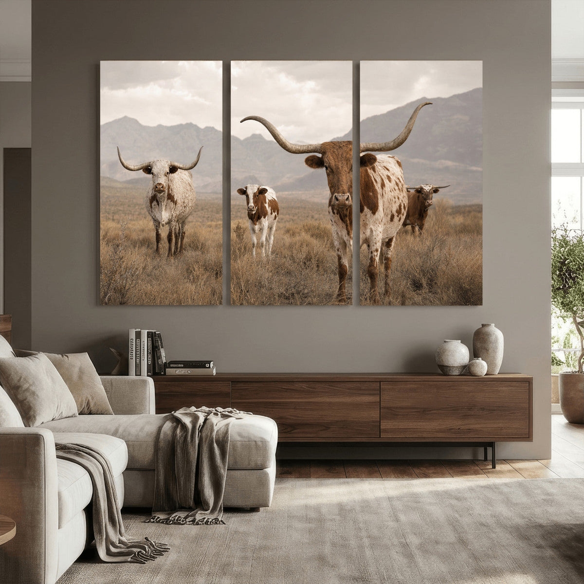 Rustic Texas Longhorn Cow Canvas Wall Art Print, Rustic Farm Animal