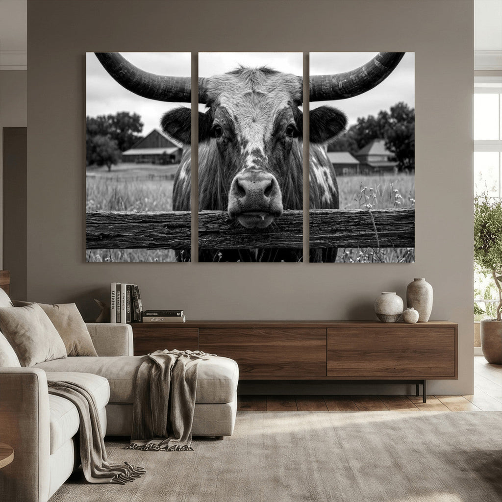 Black White Texas Longhorn Bull Canvas Wall Art, Western Ranch Cattle