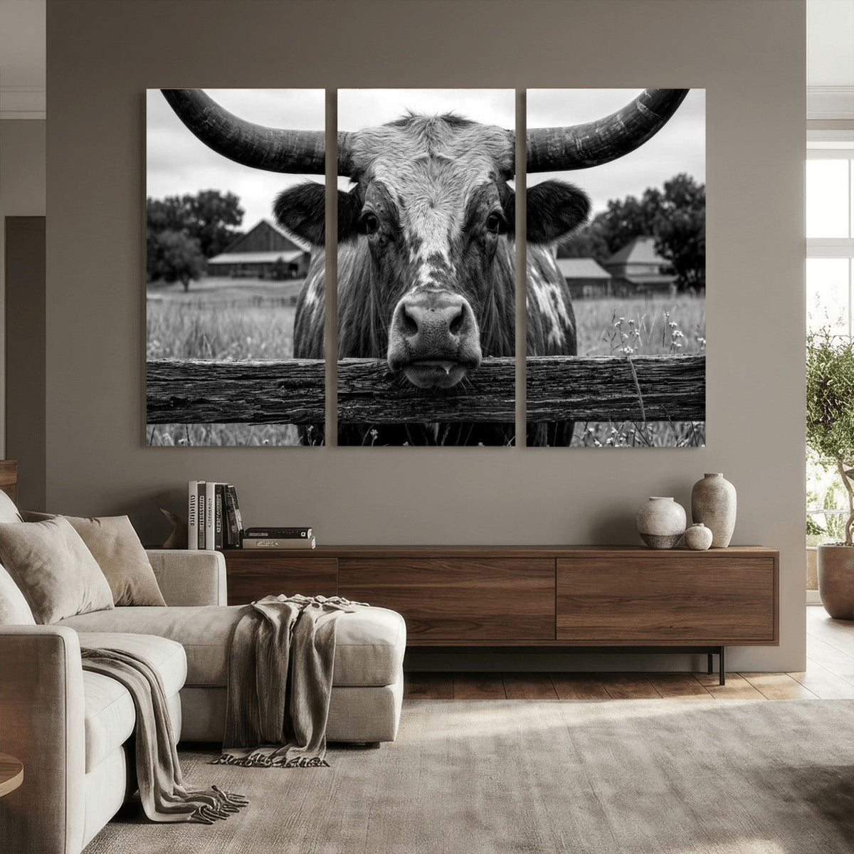 Black White Texas Longhorn Bull Canvas Wall Art, Western Ranch Cattle