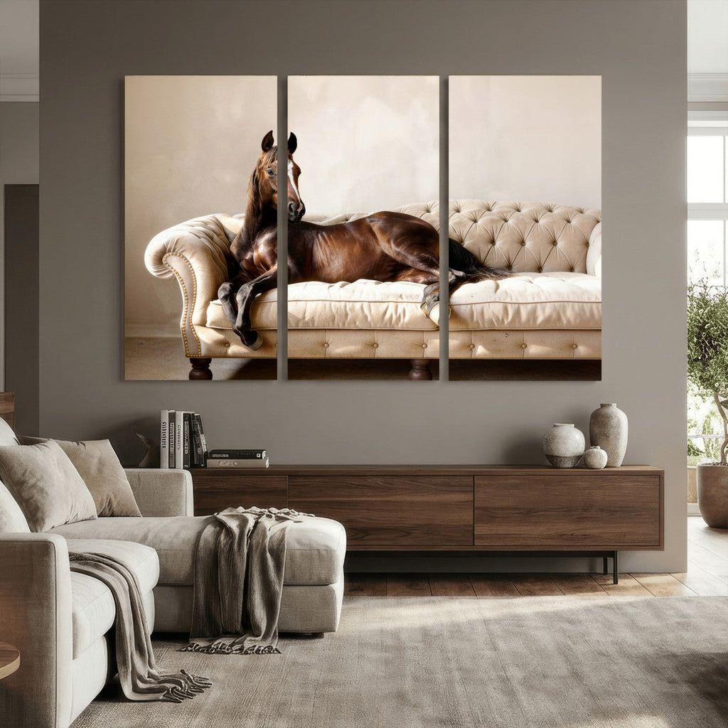 Funny Horse on Sofa Canvas Wall Art, Quirky Horse Lounging Photo