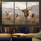 Rustic Texas Longhorn Cow Canvas Wall Art Print, Rustic Farm Animal
