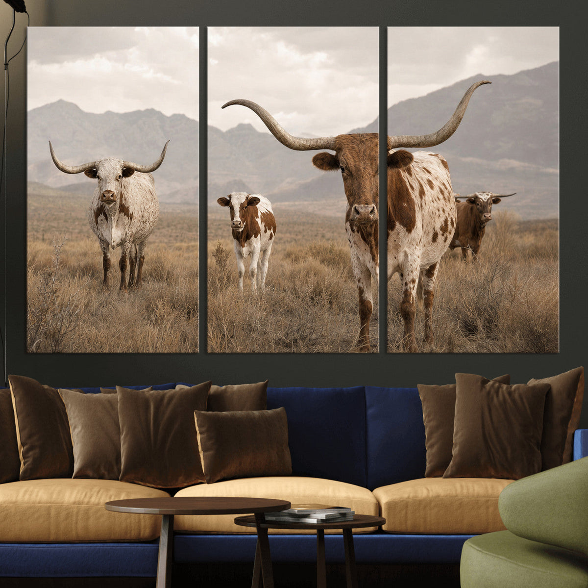 Rustic Texas Longhorn Cow Canvas Wall Art Print, Rustic Farm Animal