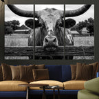 Black White Texas Longhorn Bull Canvas Wall Art, Western Ranch Cattle