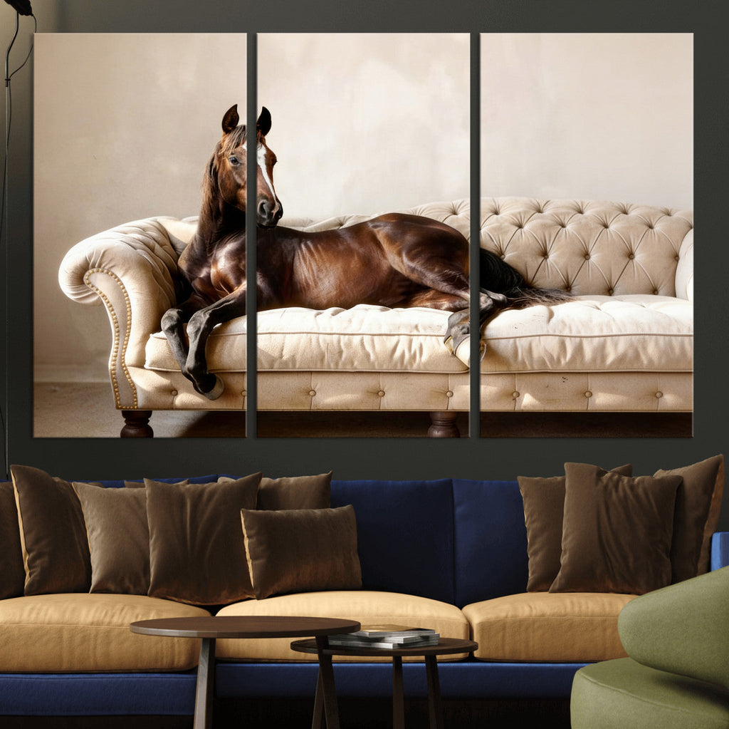 Funny Horse on Sofa Canvas Wall Art, Quirky Horse Lounging Photo