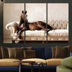 Funny Horse on Sofa Canvas Wall Art, Quirky Horse Lounging Photo