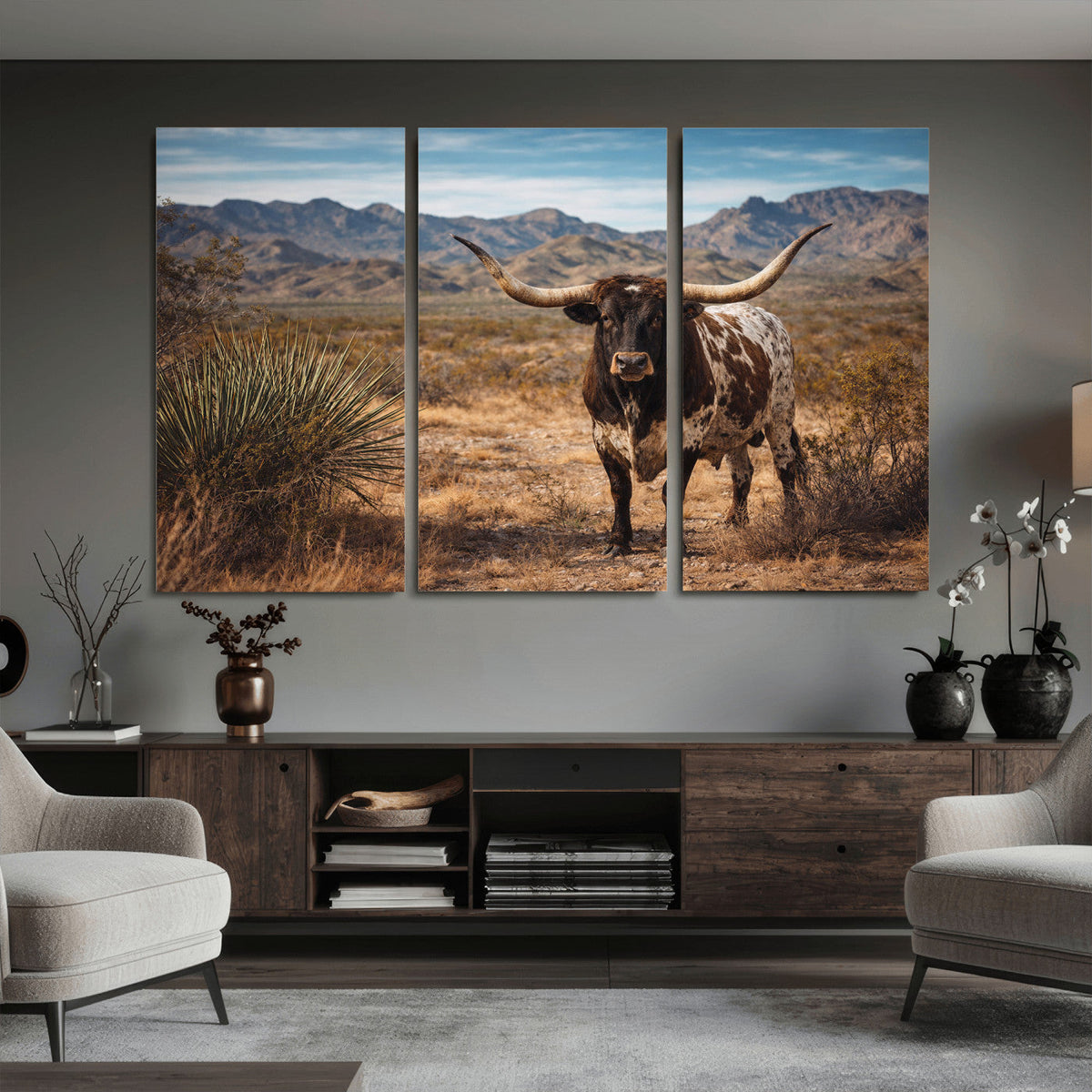 Texas Longhorn Bull Wall Art Canvas Print, Western Farmhouse Decor