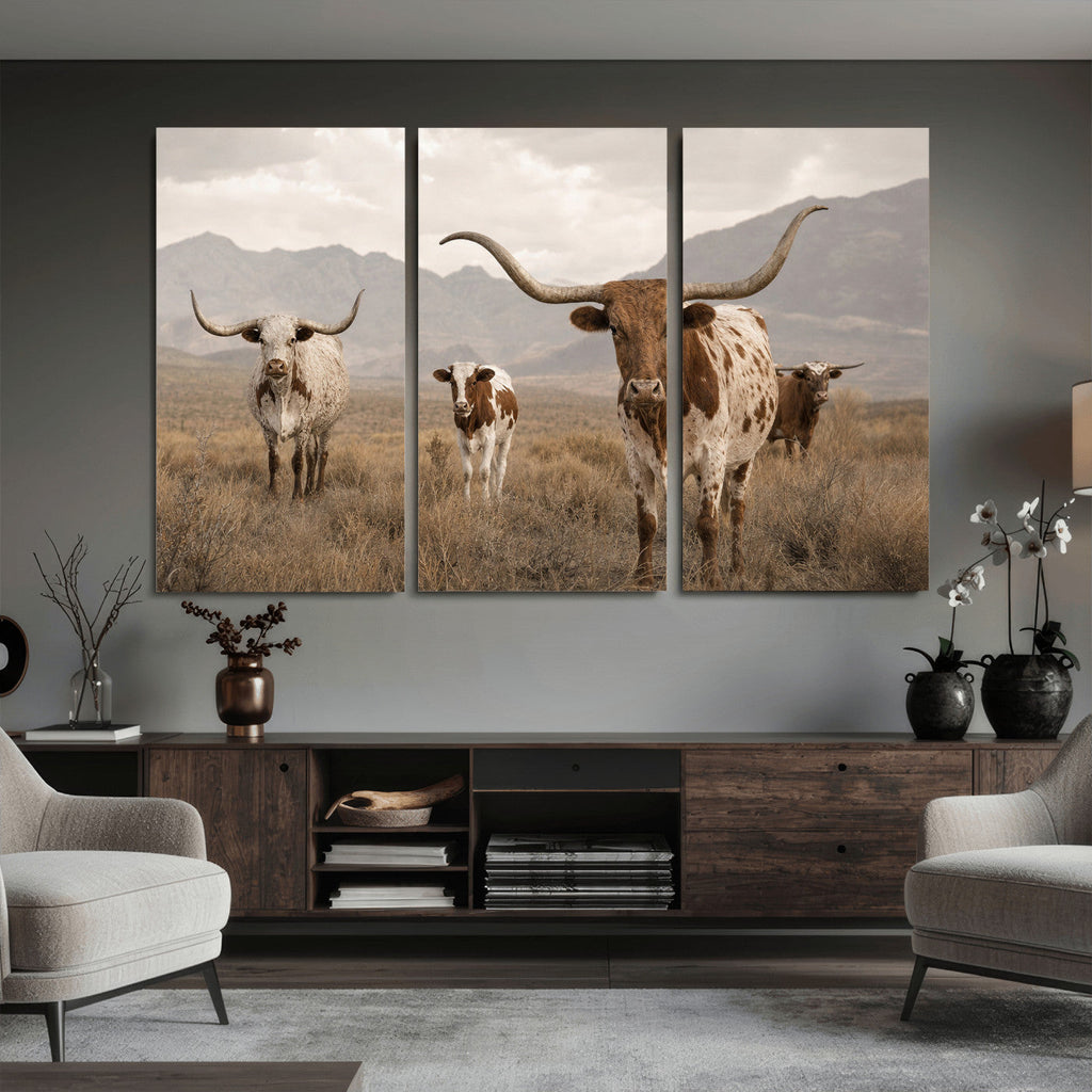 Rustic Texas Longhorn Cow Canvas Wall Art Print, Rustic Farm Animal