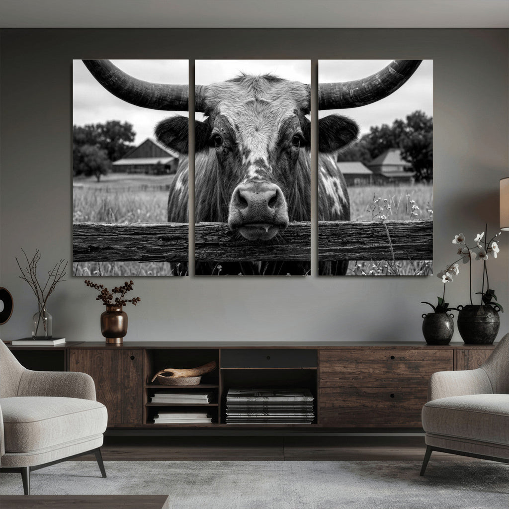 Black White Texas Longhorn Bull Canvas Wall Art, Western Ranch Cattle