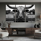 Black White Texas Longhorn Bull Canvas Wall Art, Western Ranch Cattle
