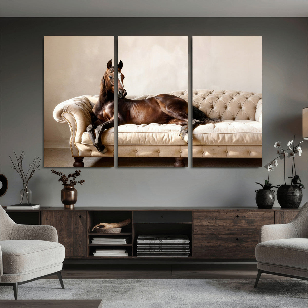 Funny Horse on Sofa Canvas Wall Art, Quirky Horse Lounging Photo