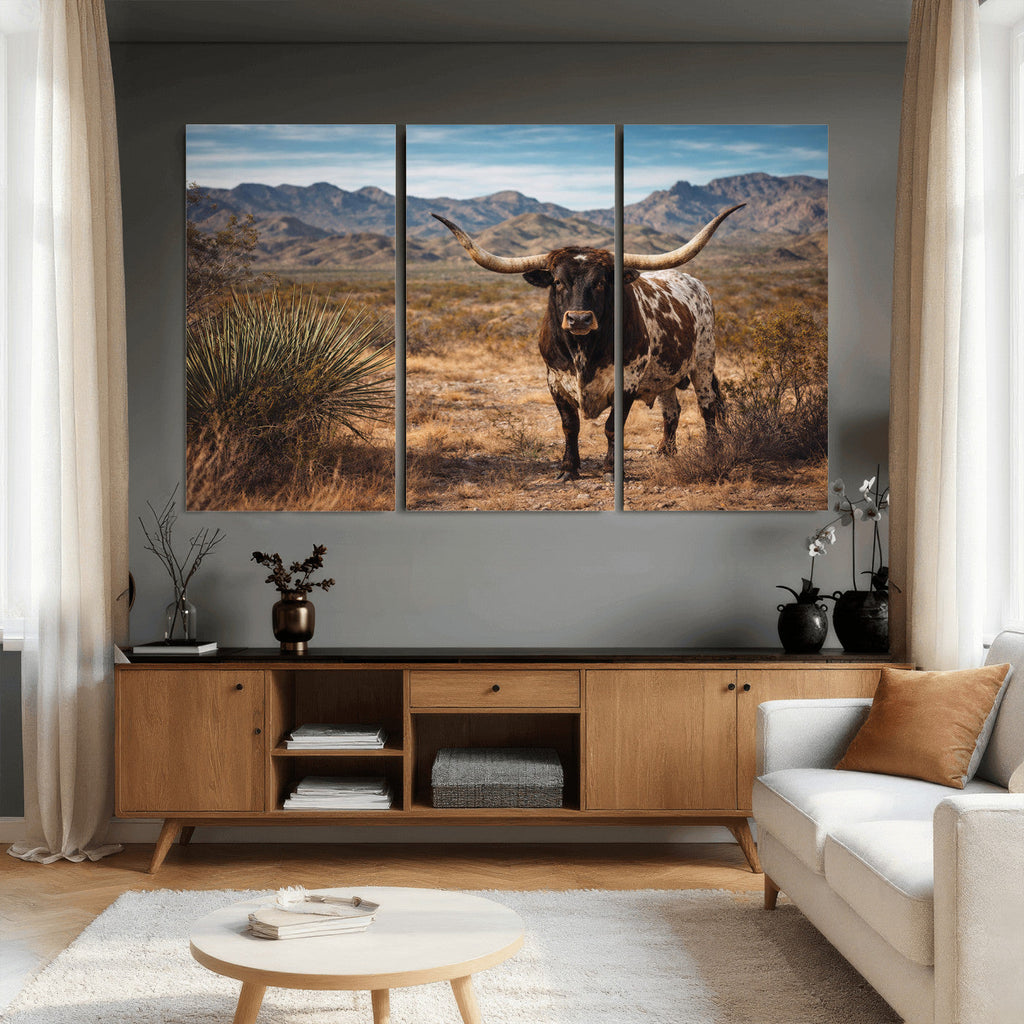 Texas Longhorn Bull Wall Art Canvas Print, Western Farmhouse Decor